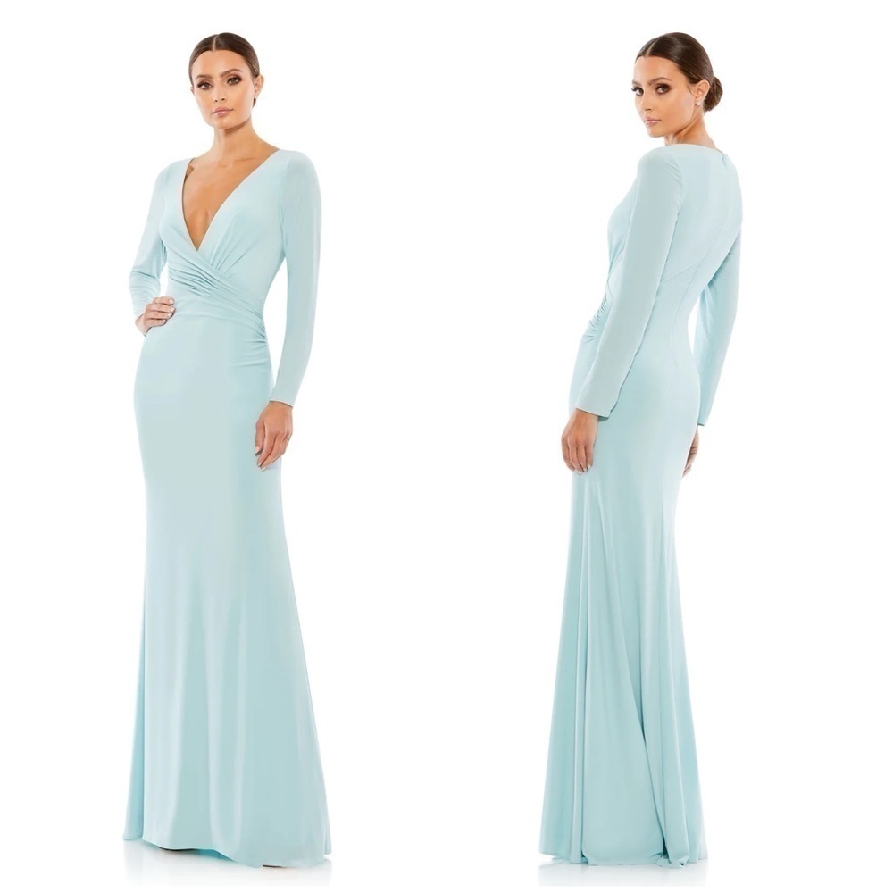IEENA FOR MAC DUGGAL Long Sleeve Ruched Jersey V-Neck Gown